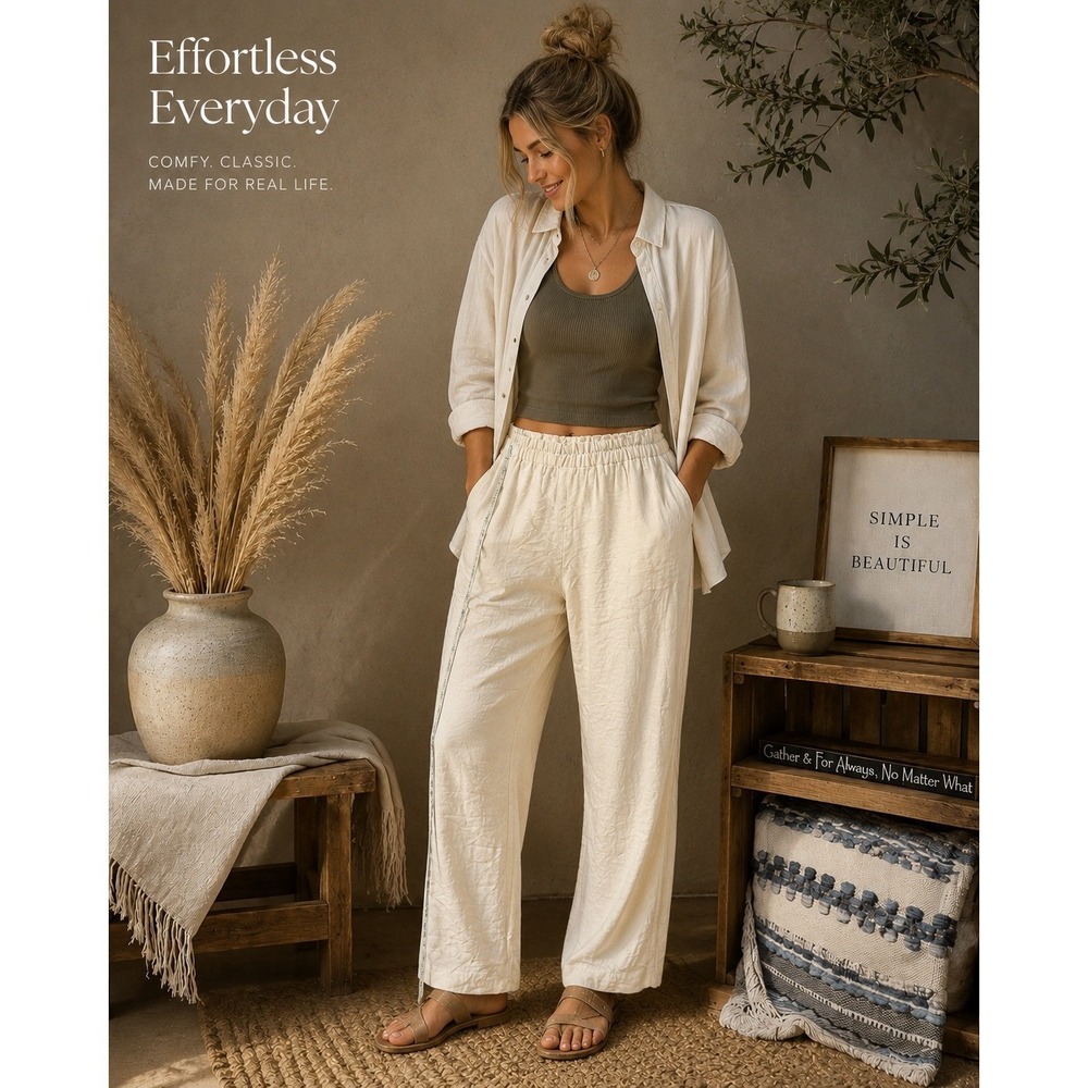 Cream‎ Rayon Pull-On Wide Leg Pants | Lightweight Boho Coastal Resortwear | M